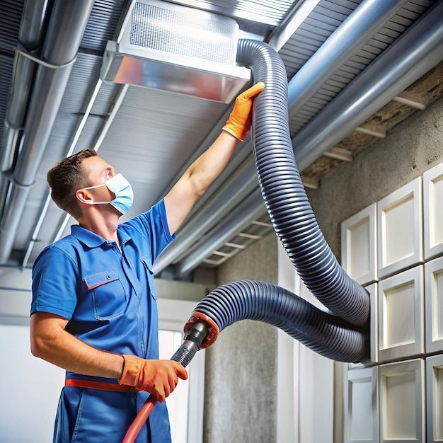 Technician in blue uniform and mask cleaning ceiling air duct with a large vacuum hose.
