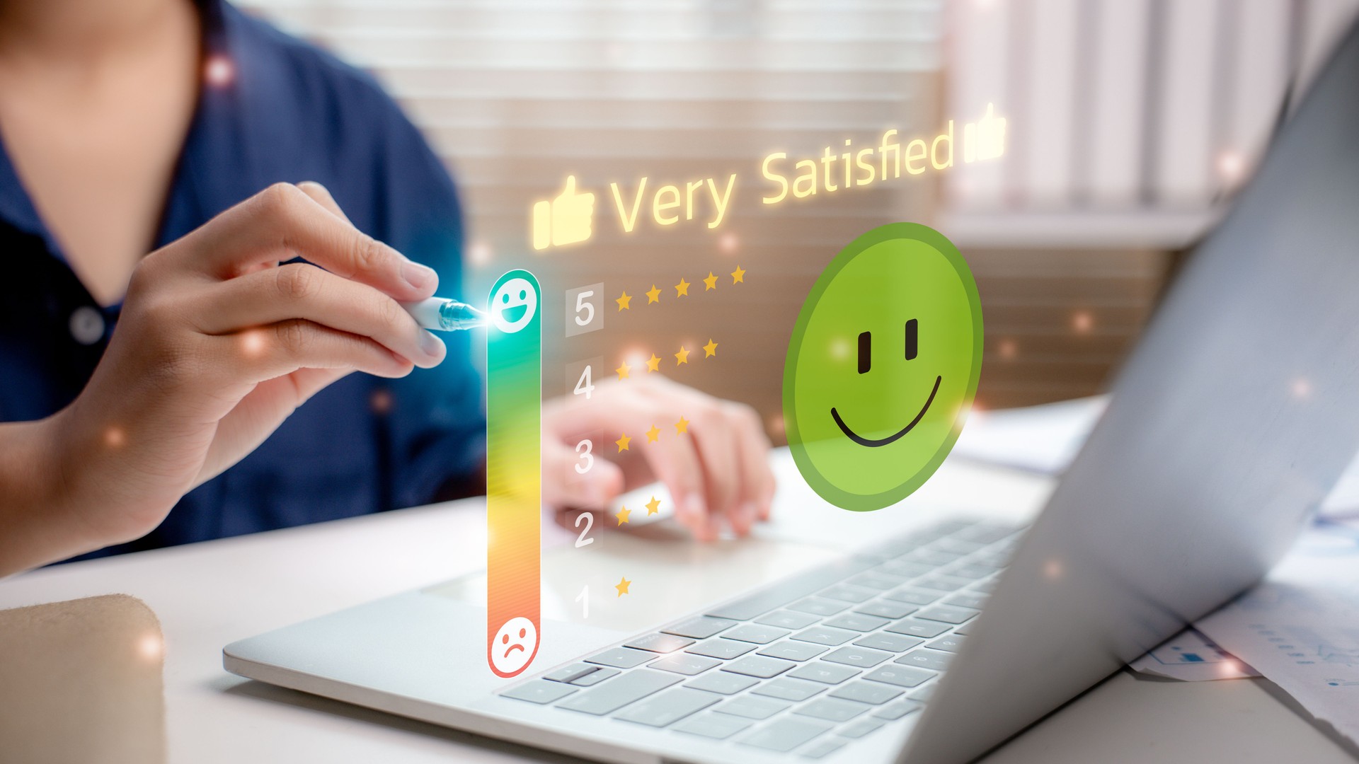 User rating service as "Very Satisfied" using digital feedback interface with smiley icon, stars, and satisfaction scale, representing positive customer experience and high service quality.